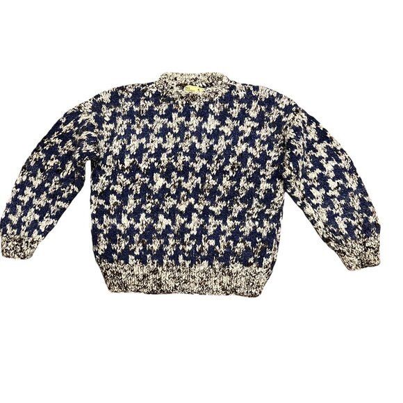 Chunky Hand Knit Herringbone Patterned Sweater, 100% Wool, Blue Brown Cream, XL - Picture 8 of 8